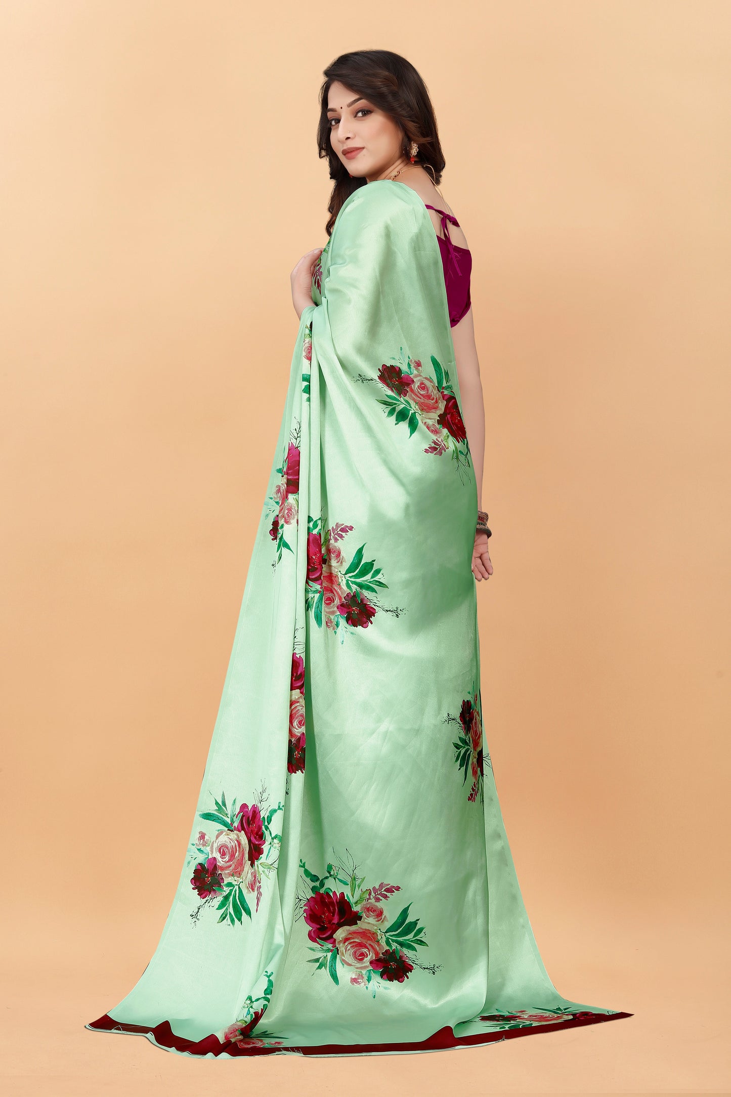 Fancy Pista Color Niva Flower Printed Satin Silk Saree