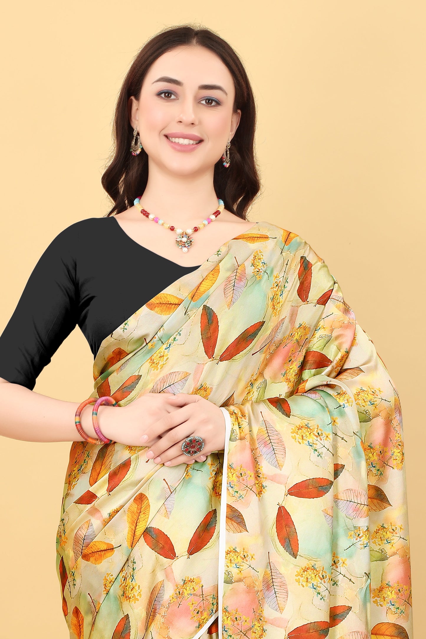 Yellow Flower Printed Satin Silk Saree