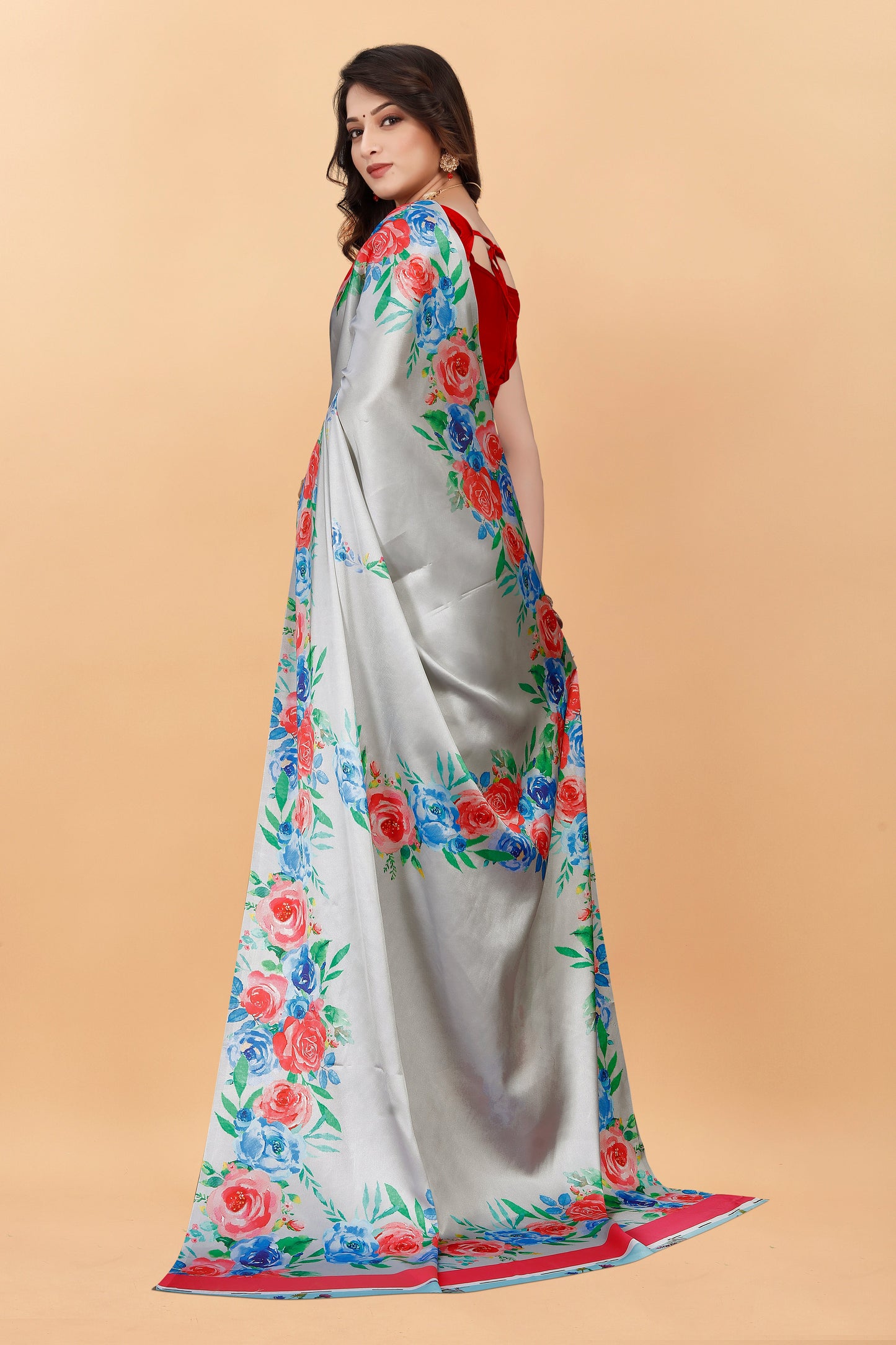 Party Wear Gray Color Printed Satin Silk Saree