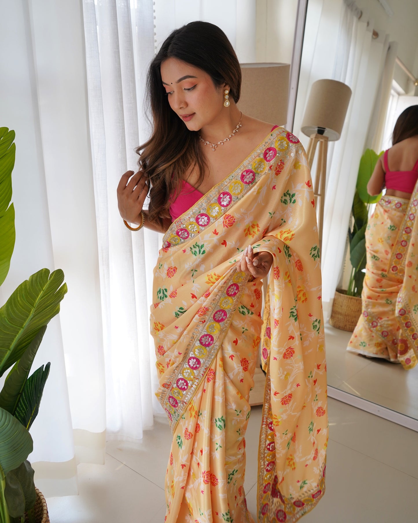 Designer Yellow Colour Embroidery Work Silk Saree