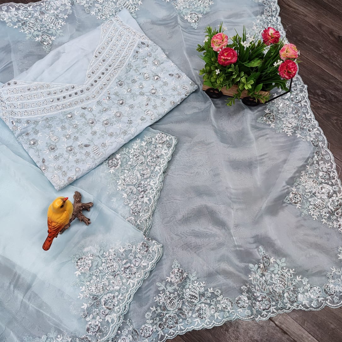 Designer Hand Work Light Blue Organza Saree