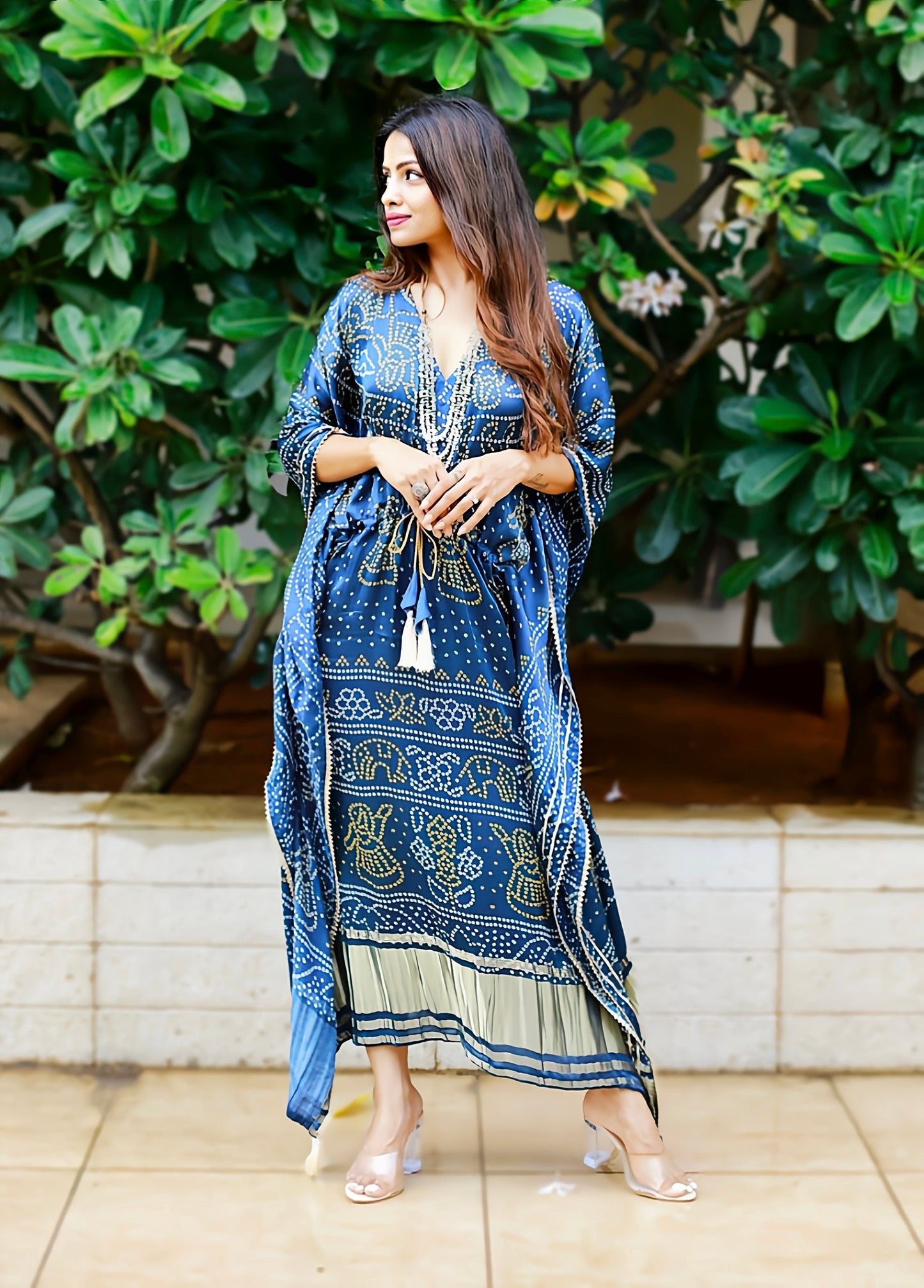 Navy Blue Digital Bandhej Kaftan