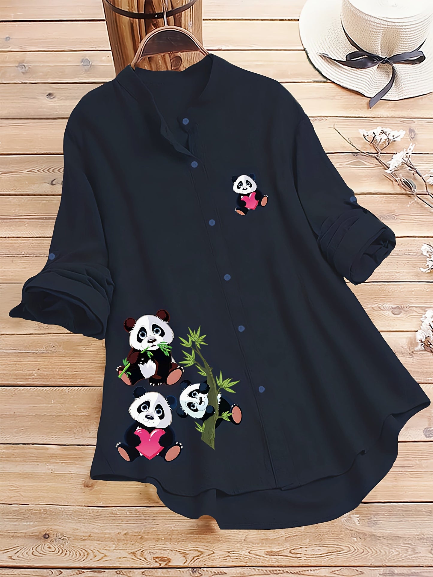 Dark Blue Cute Panda Printed Button-Up Tunic Shirt