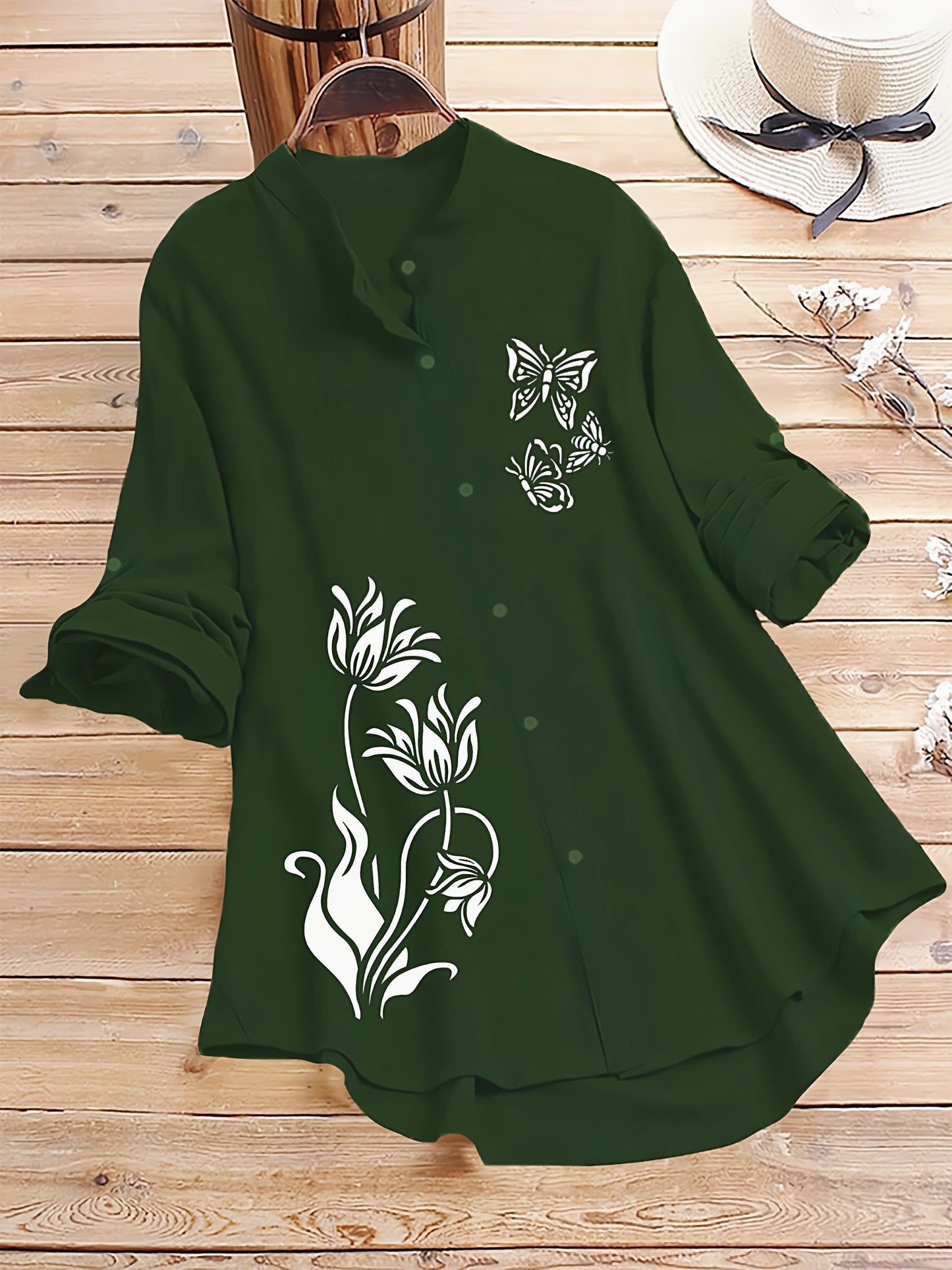 Dark Green Tunic Shirt with Butterfly & Floral Print