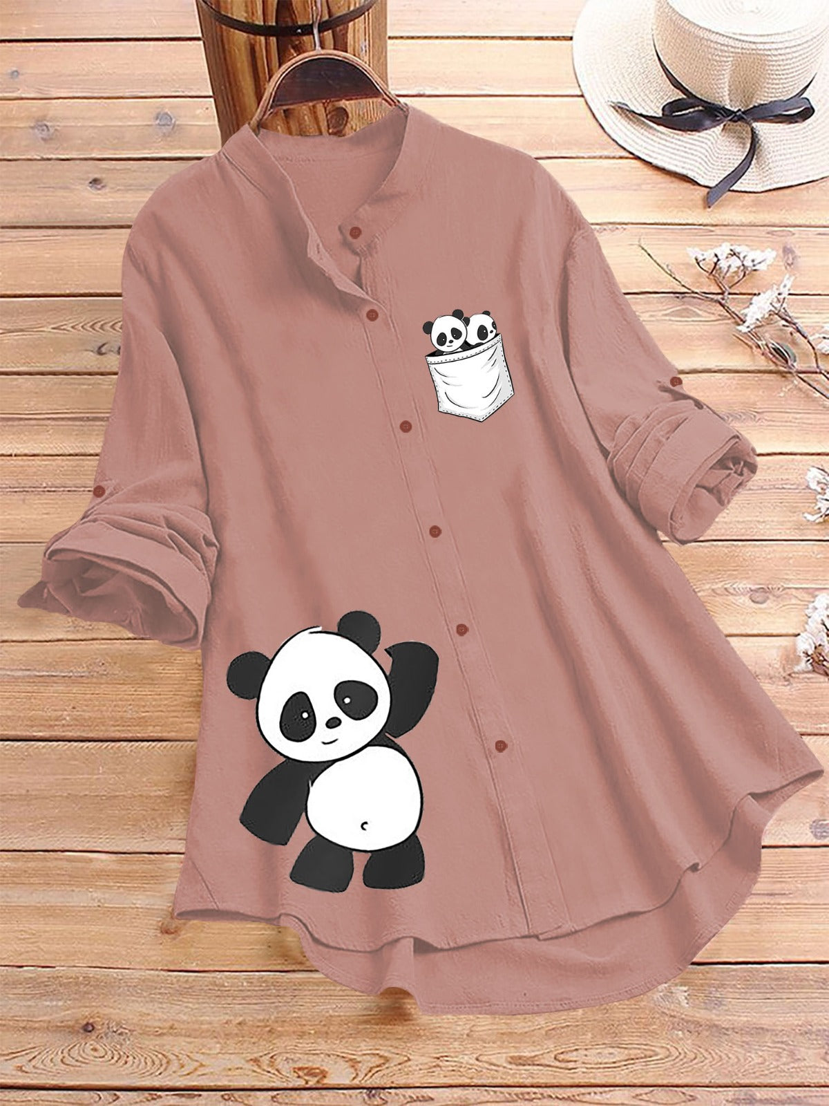 Dusty Rose Panda Pocket Printed Casual Shirt