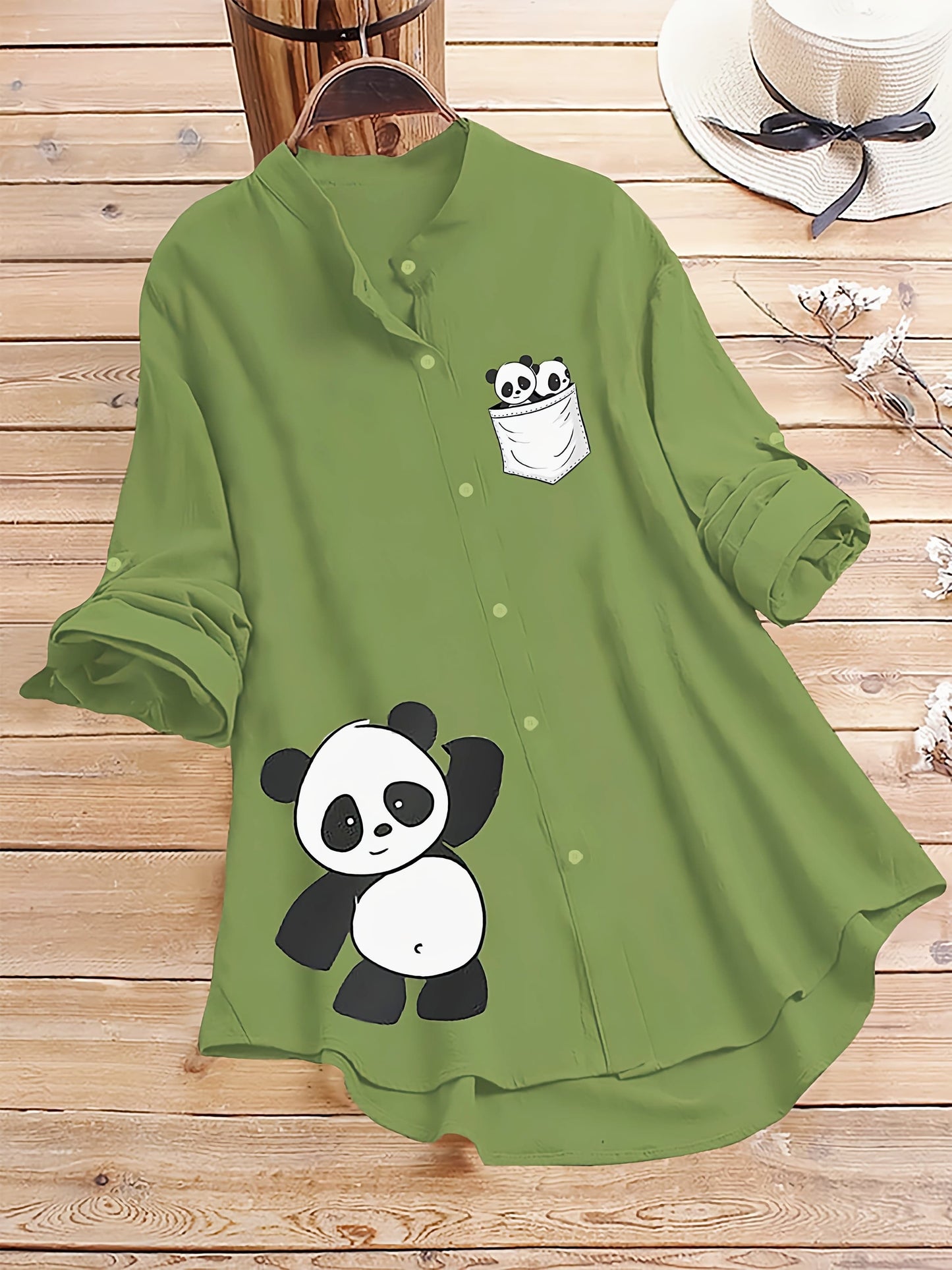 Light Green Panda Pocket Printed Casual Shirt