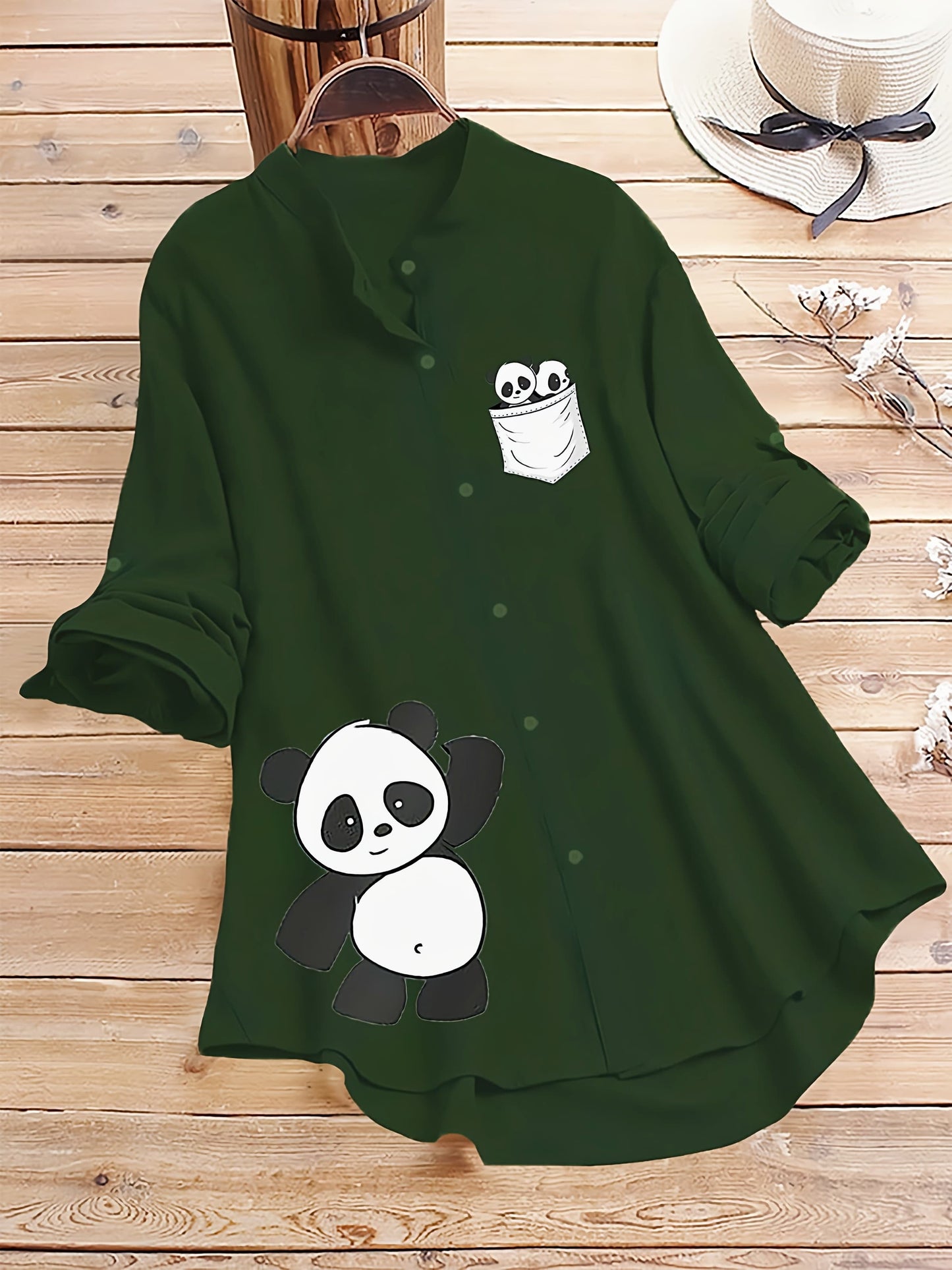 Dark Green Panda Pocket Printed Casual Shirt