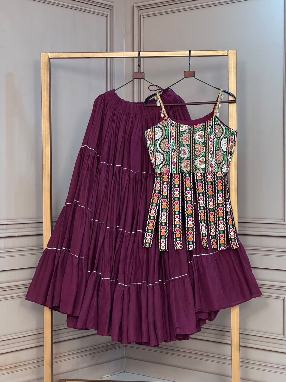 Designer Multi-Color Embroidered Blouse With Tiered Skirt