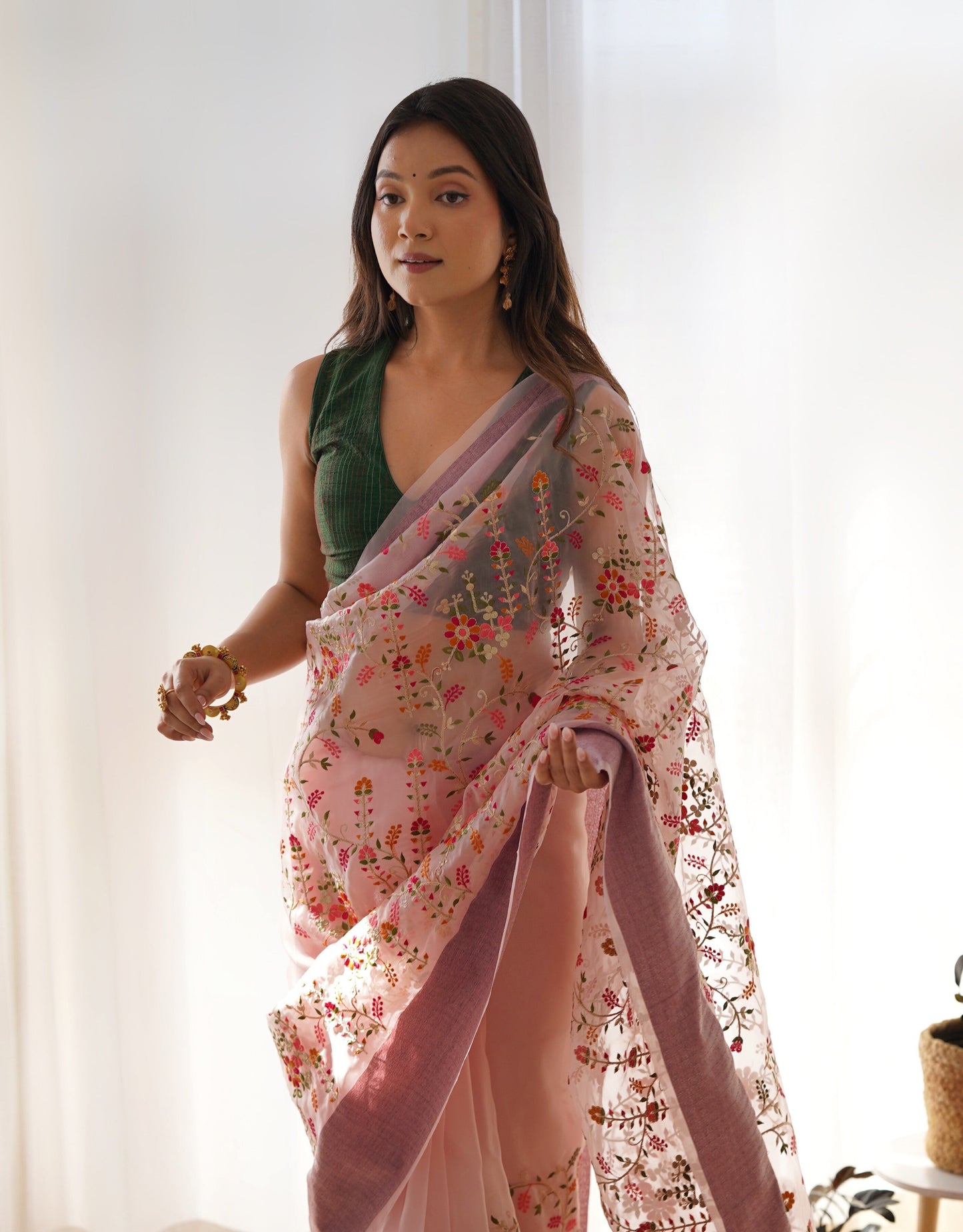 Party-Wear Light Pink Colour With Green Blouse Organza Silk Saree