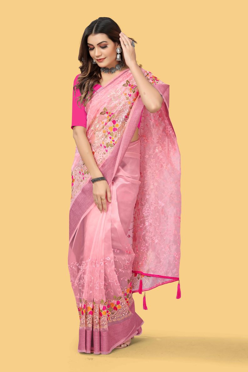 Beautiful Party-Wear Pink Organza Silk Saree
