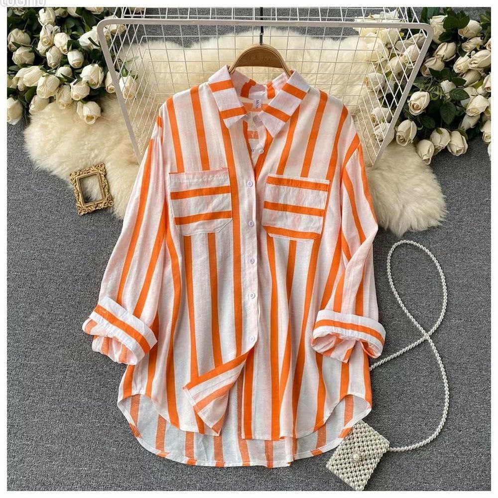 Orange Line Double Pocket Women Shirt
