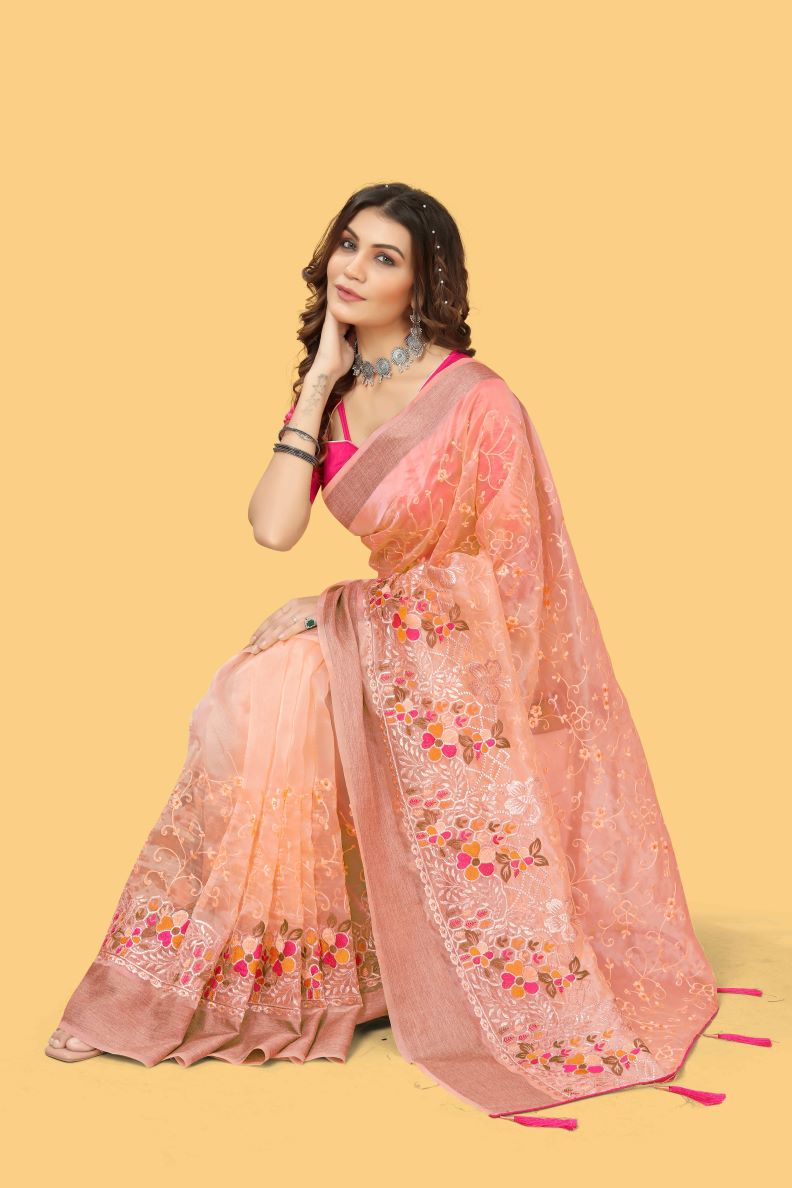 Beautiful Party-Wear Peach Organza Silk Saree