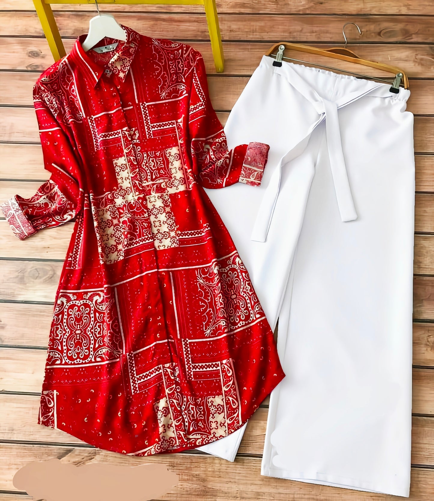 Red-Color Designer Printed Kurti With Palazzo