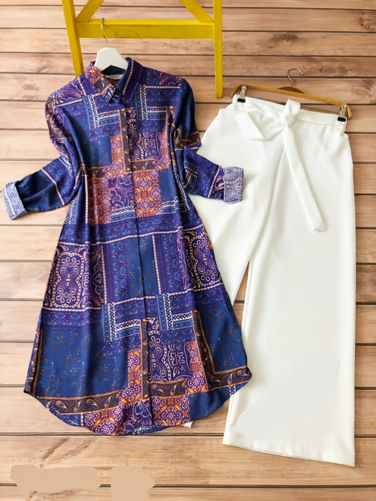 Navy Blue-Color Designer Printed  Kurti With Palazzo