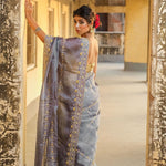 Beautiful Embroidery Work Gray  Organza Silk Saree