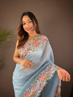 Beautiful Fancy Soft Glossy Silk Gray Colour Saree