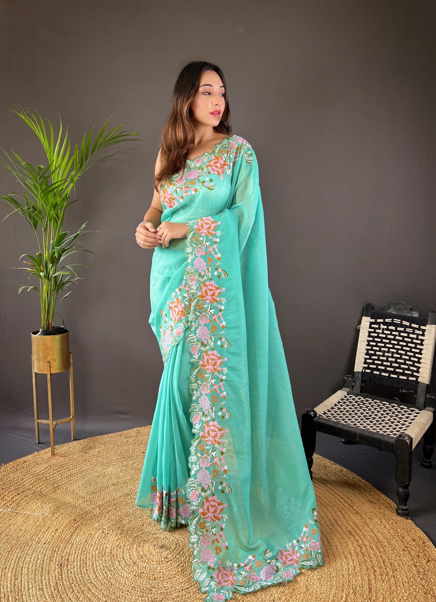 Beautiful Fancy Soft Glossy Silk Bright Sky Blue Colour Saree