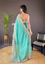 Beautiful Fancy Soft Glossy Silk Bright Sky Blue Colour Saree
