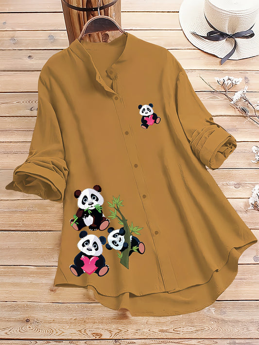 Mustard Yellow Cute Panda Printed Button-Up Tunic Shirt