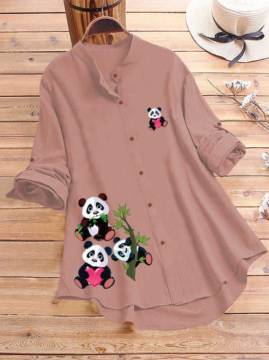 Dusty Rose Cute Panda Printed Button-Up Tunic Shirt