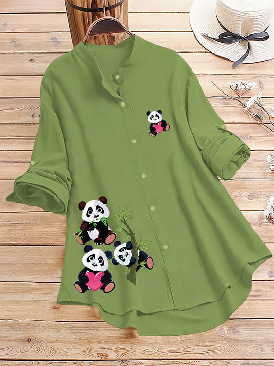 Light Green Cute Panda Printed Button-Up Tunic Shirt