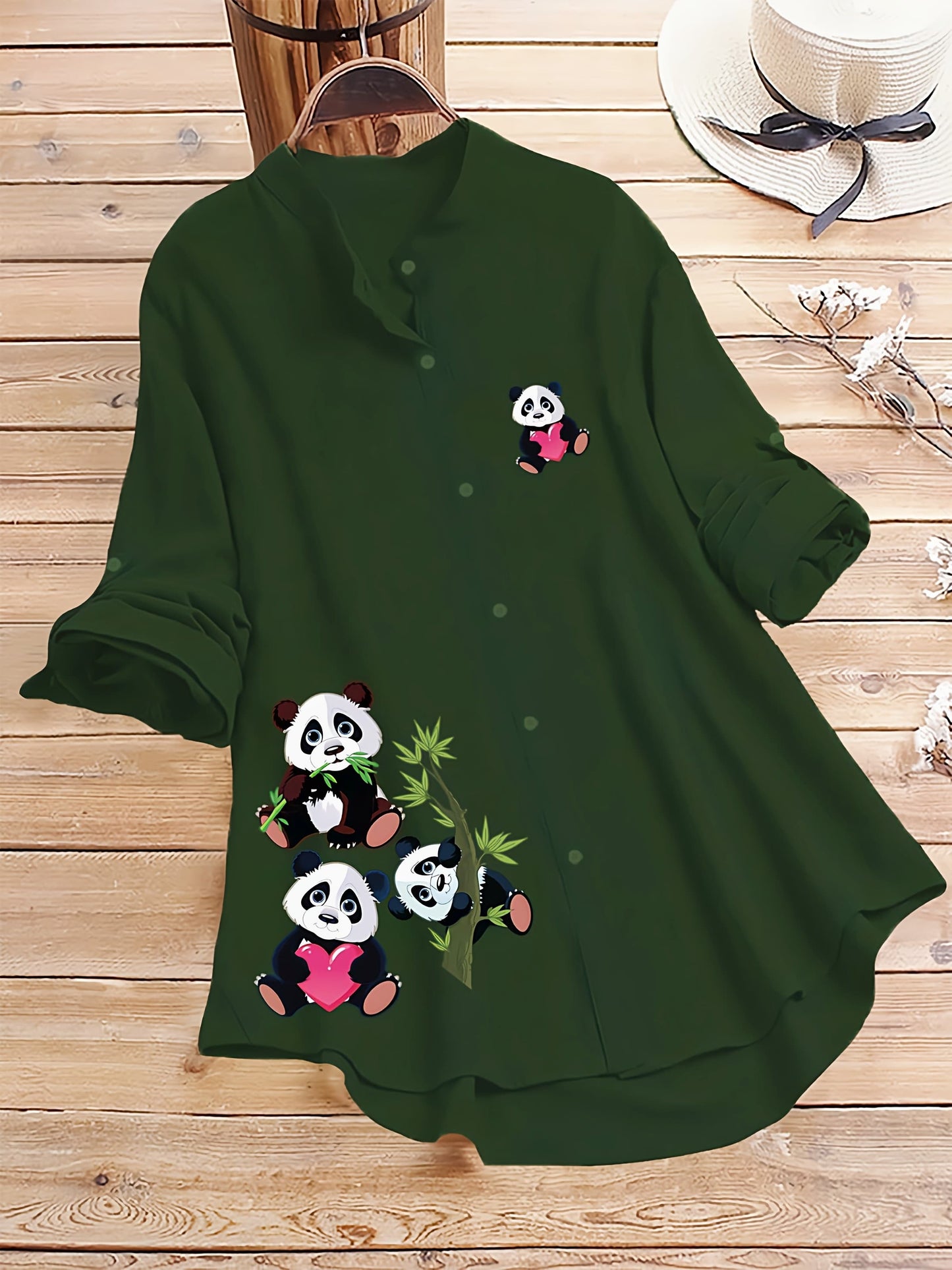 Dark Green Cute Panda Printed Button-Up Tunic Shirt