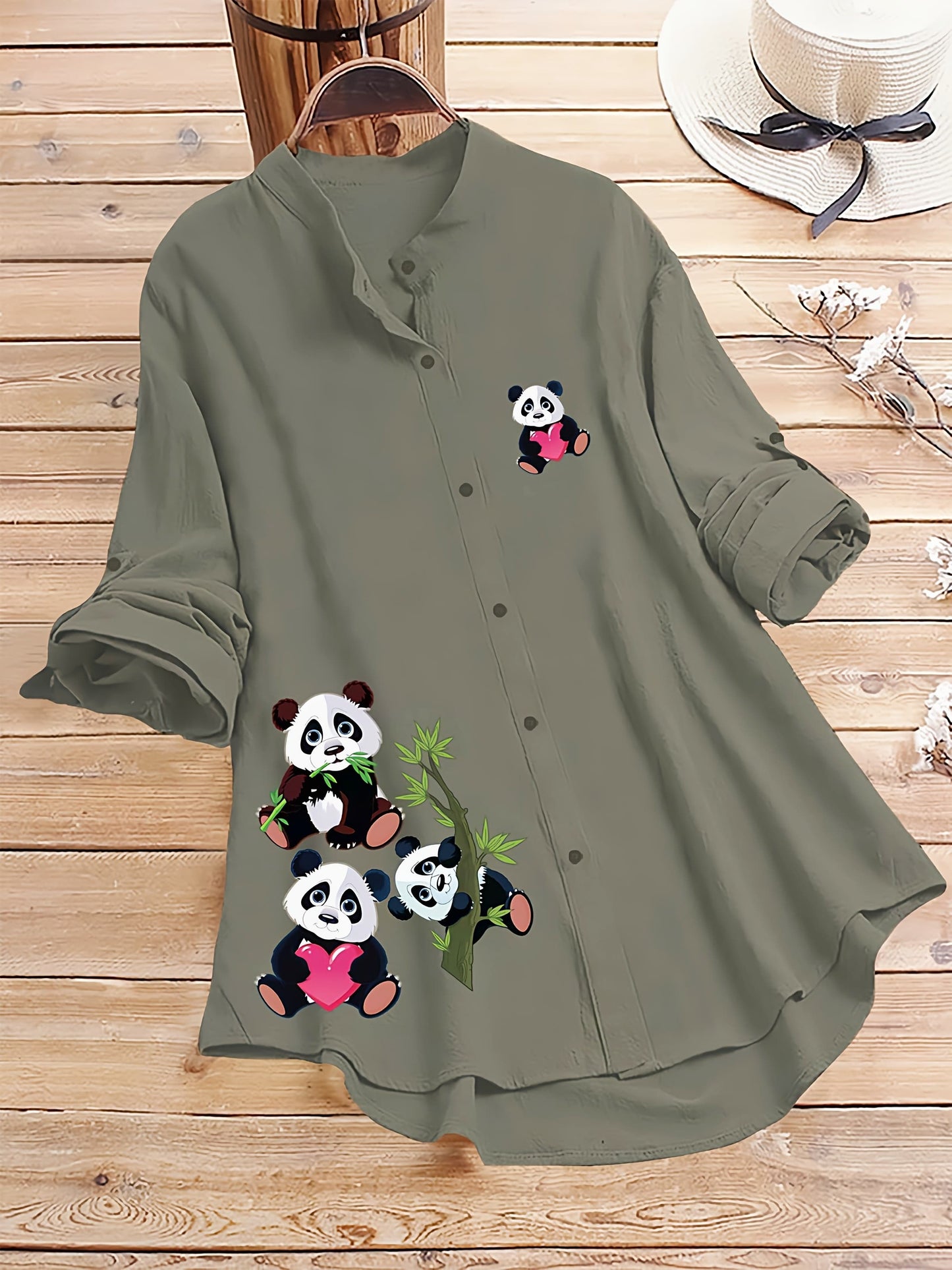 Olive Green Cute Panda Printed Button-Up Tunic Shirt