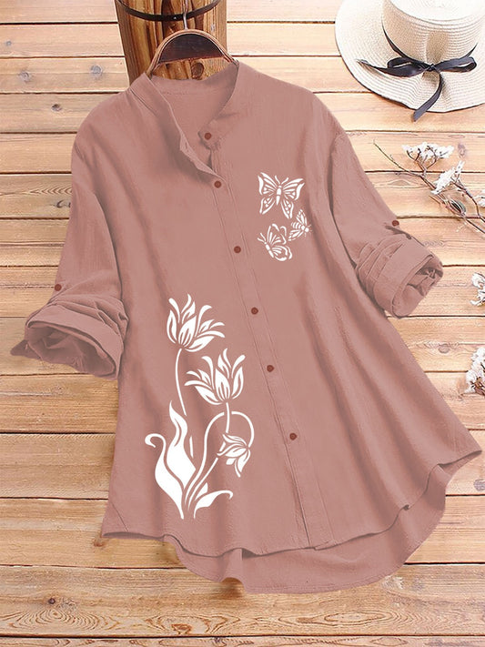Dusty Rose Tunic Shirt with Butterfly & Floral Print