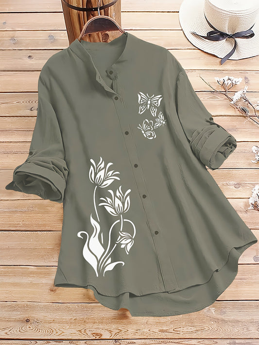 Olive Green Tunic Shirt with Butterfly & Floral Print