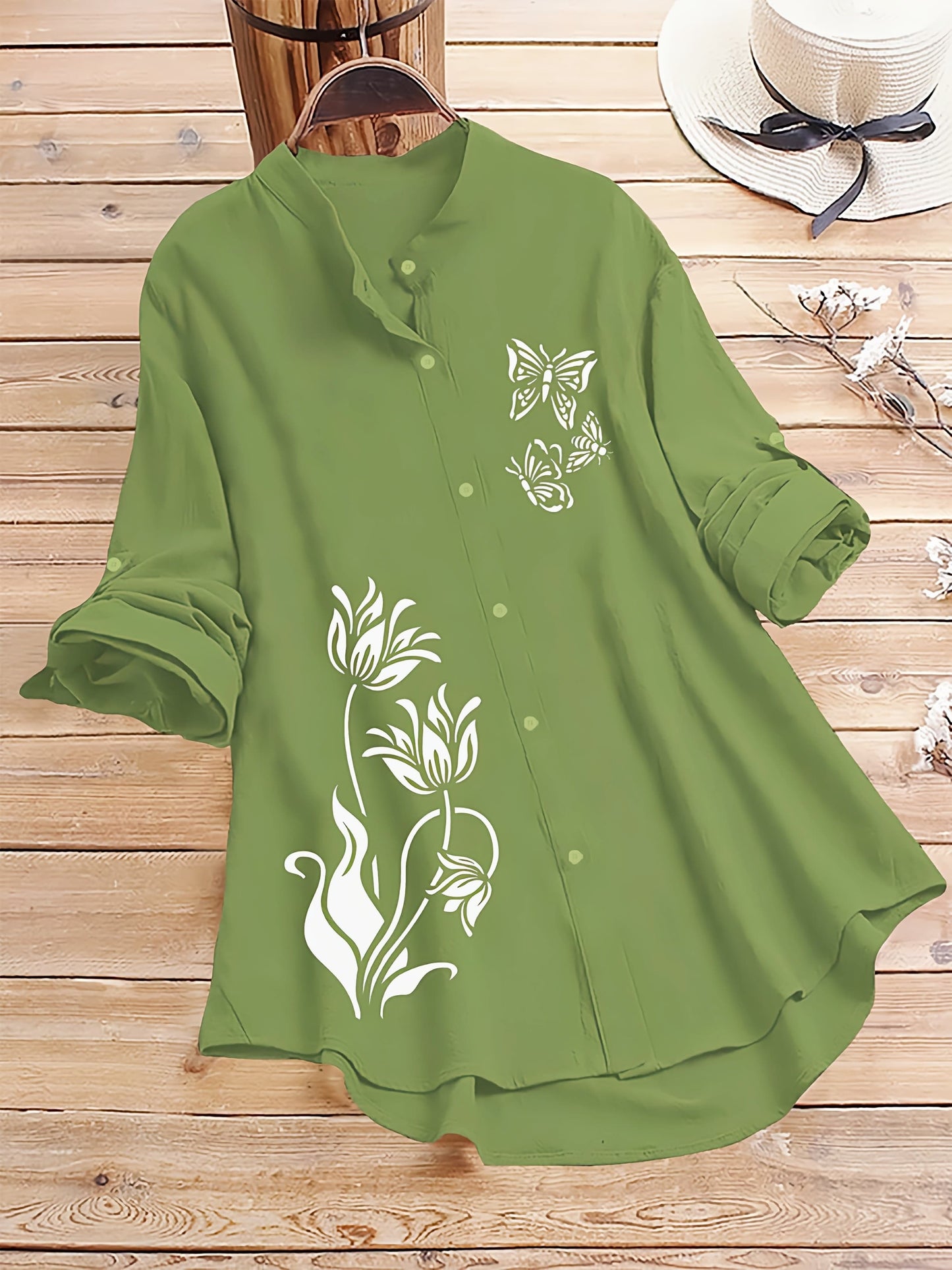 Light Green Tunic Shirt with Butterfly & Floral Print