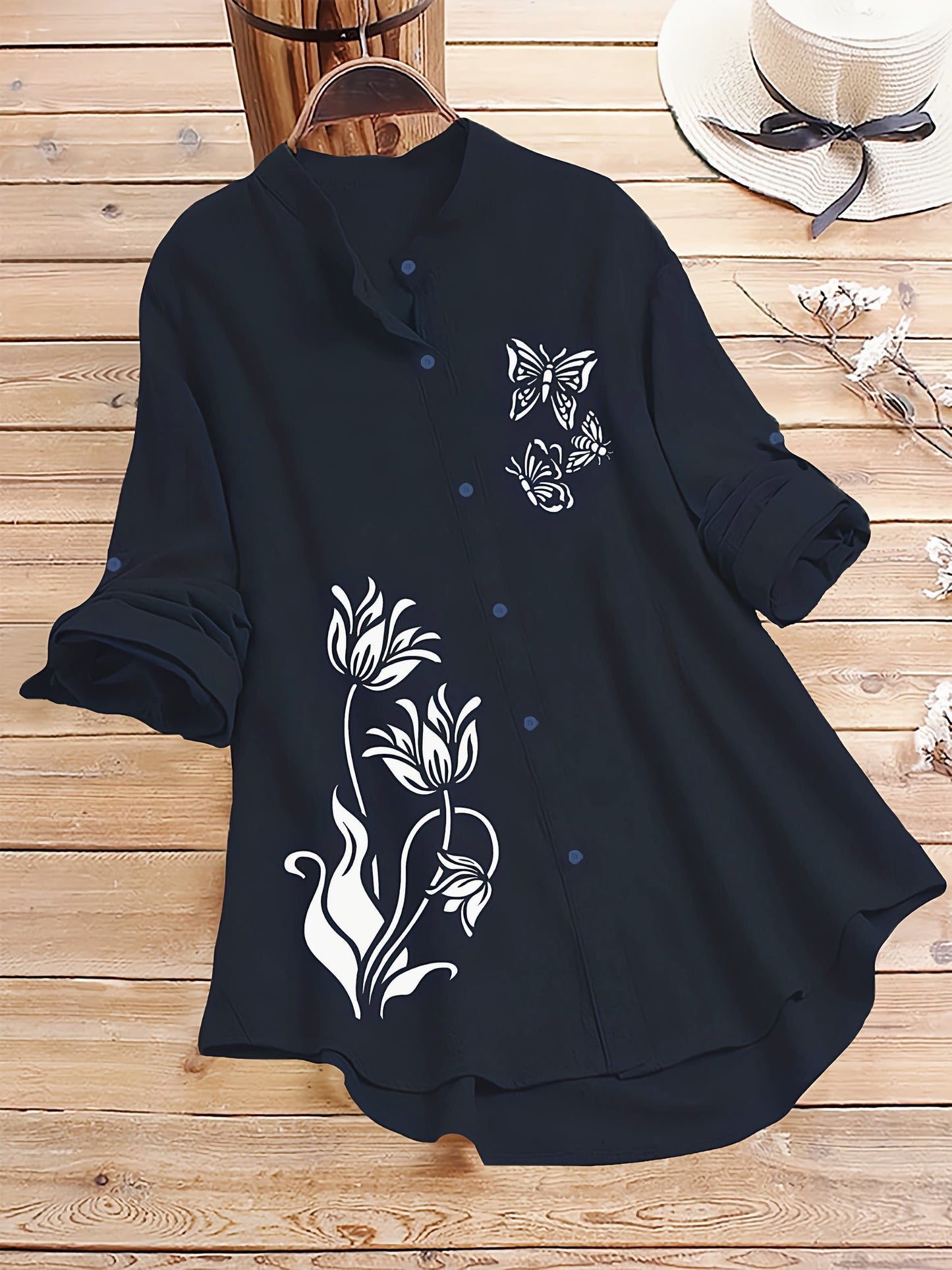 Dark Blue Tunic Shirt with Butterfly & Floral Print