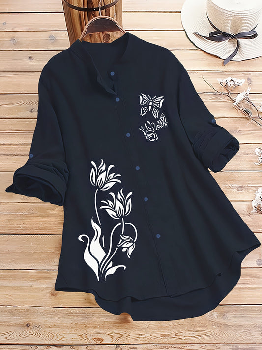 Dark Blue Tunic Shirt with Butterfly & Floral Print