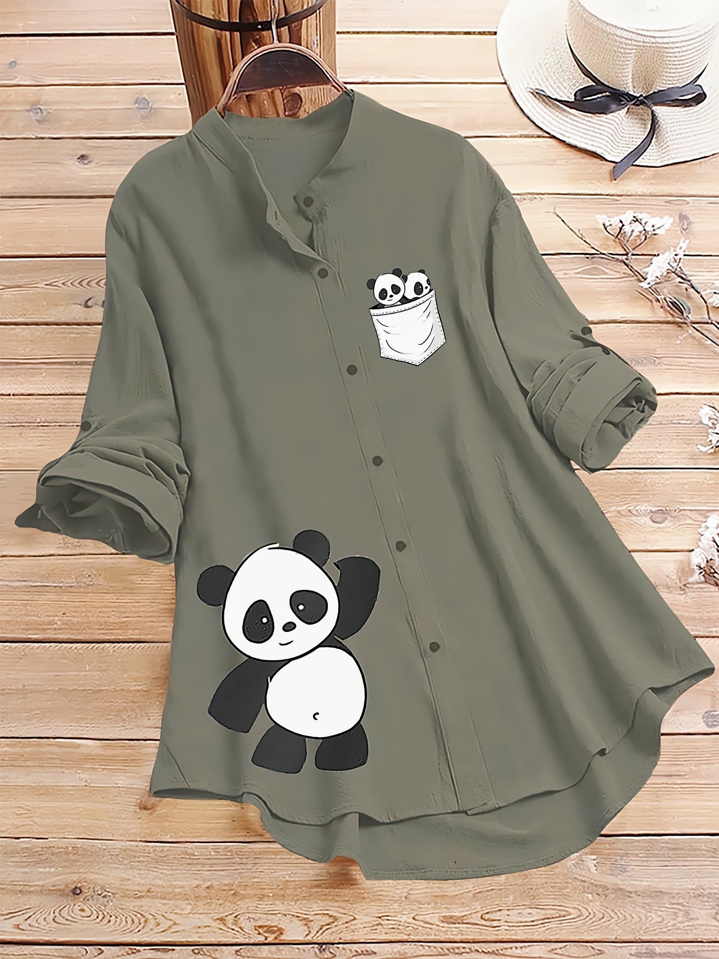 Olive Green Panda Pocket Printed Casual Shirt