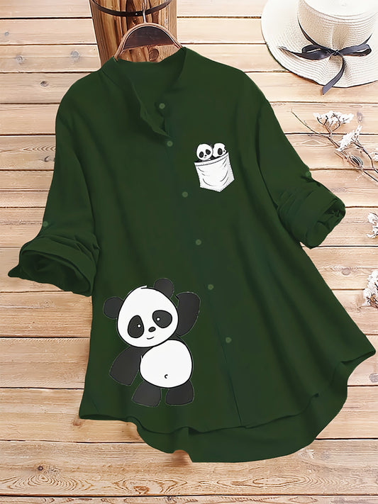 Dark Green Panda Pocket Printed Casual Shirt