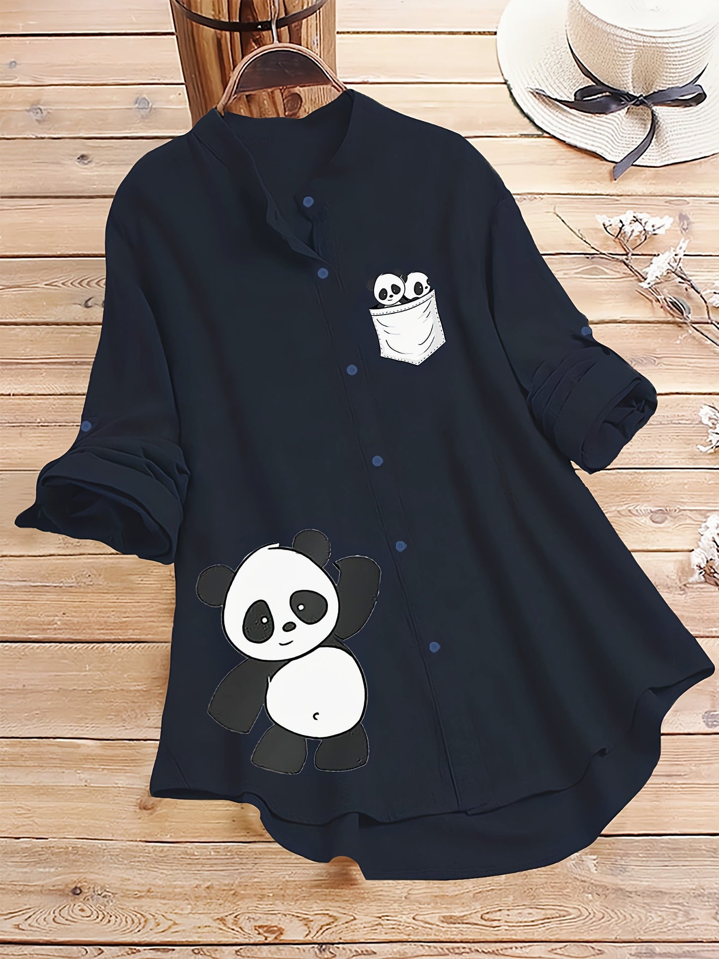 Dark Blue Panda Pocket Printed Casual Shirt