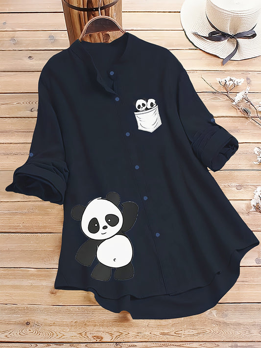 Dark Blue Panda Pocket Printed Casual Shirt
