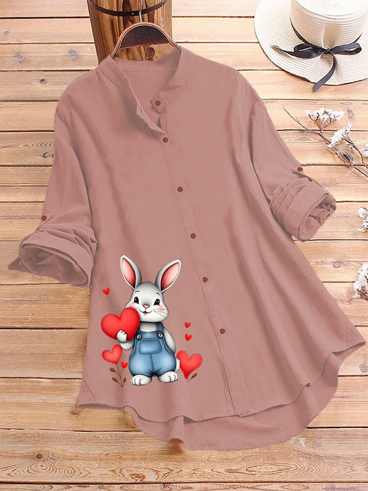 Dusty Rose Cute Bunny Love Printed Casual Tunic Shirt