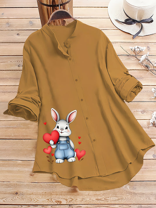 Mustard Yellow Cute Bunny Love Printed Casual Tunic Shirt
