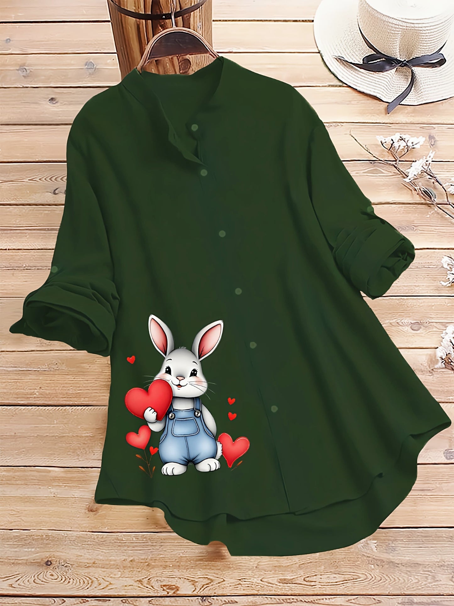 Dark Green Cute Bunny Love Printed Casual Tunic Shirt