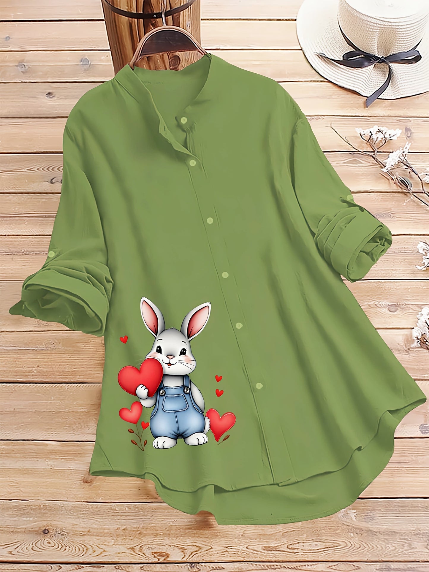 Light Green Cute Bunny Love Printed Casual Tunic Shirt