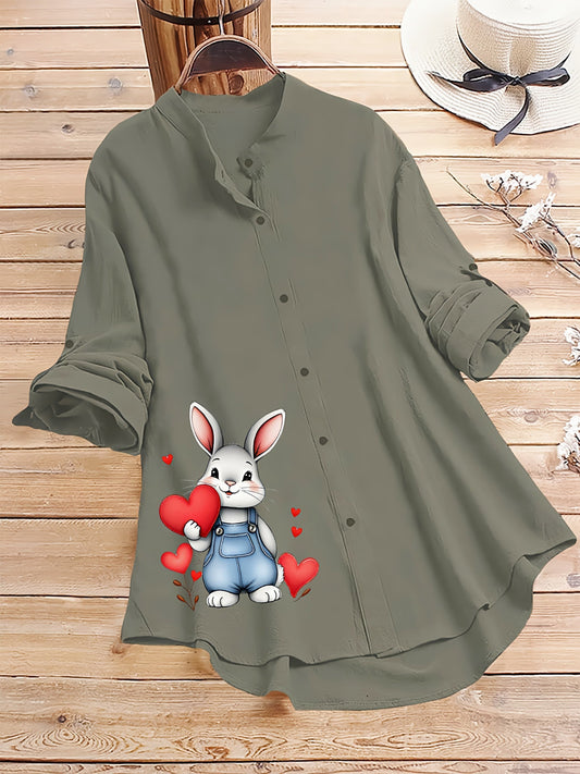 Olive Green Cute Bunny Love Printed Casual Tunic Shirt