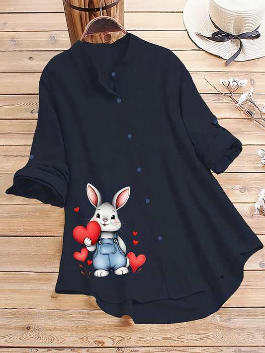 Dark Blue Cute Bunny Love Printed Casual Tunic Shirt