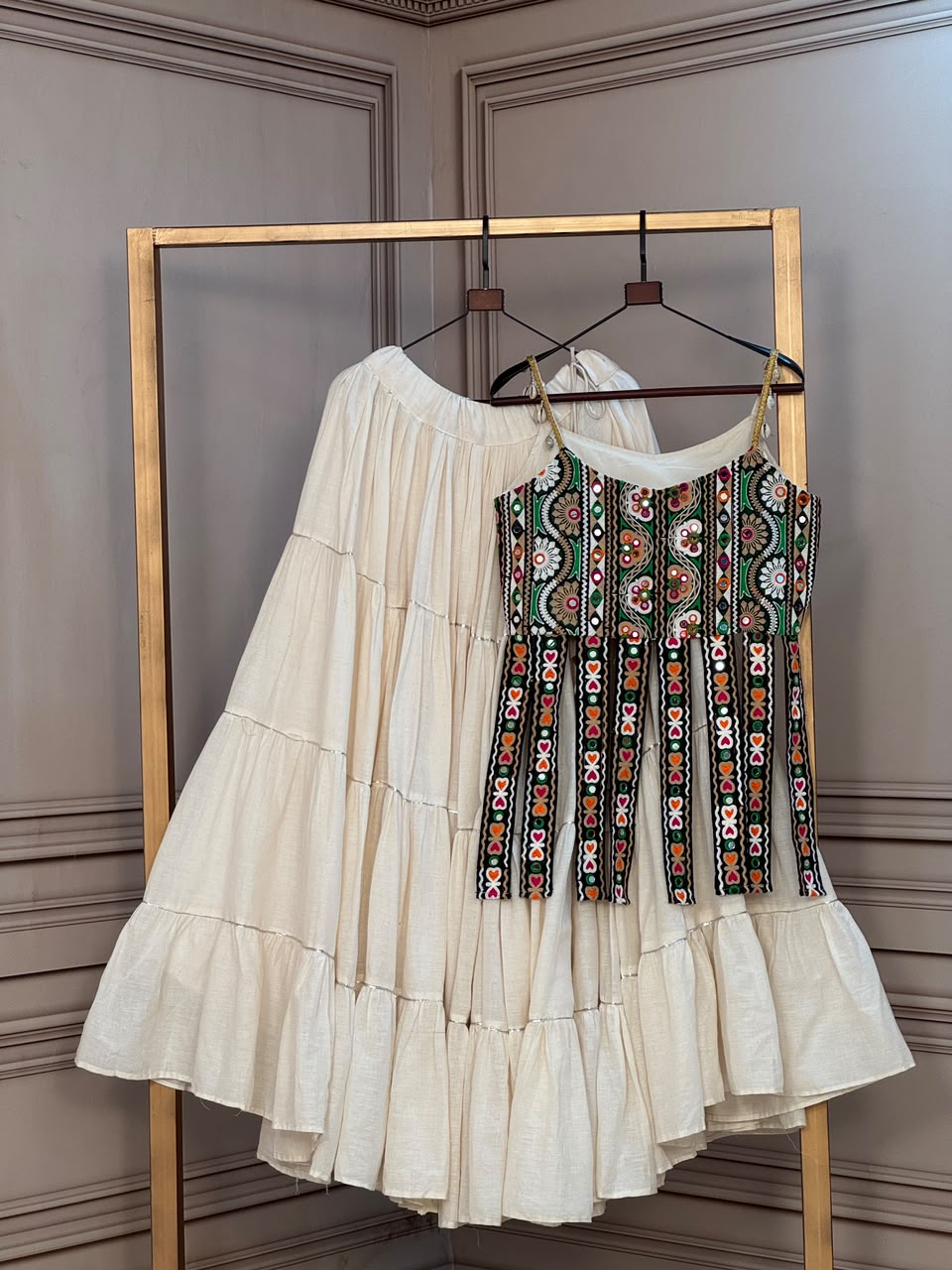 Designer Multi-Color Embroidered Blouse With Tiered Skirt