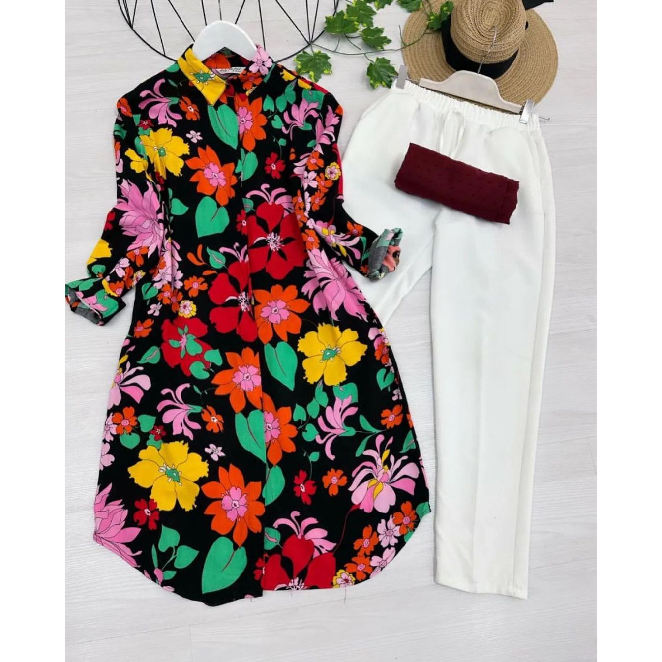 Black Multi Color of  Flower Printed Kurti With Palazzo